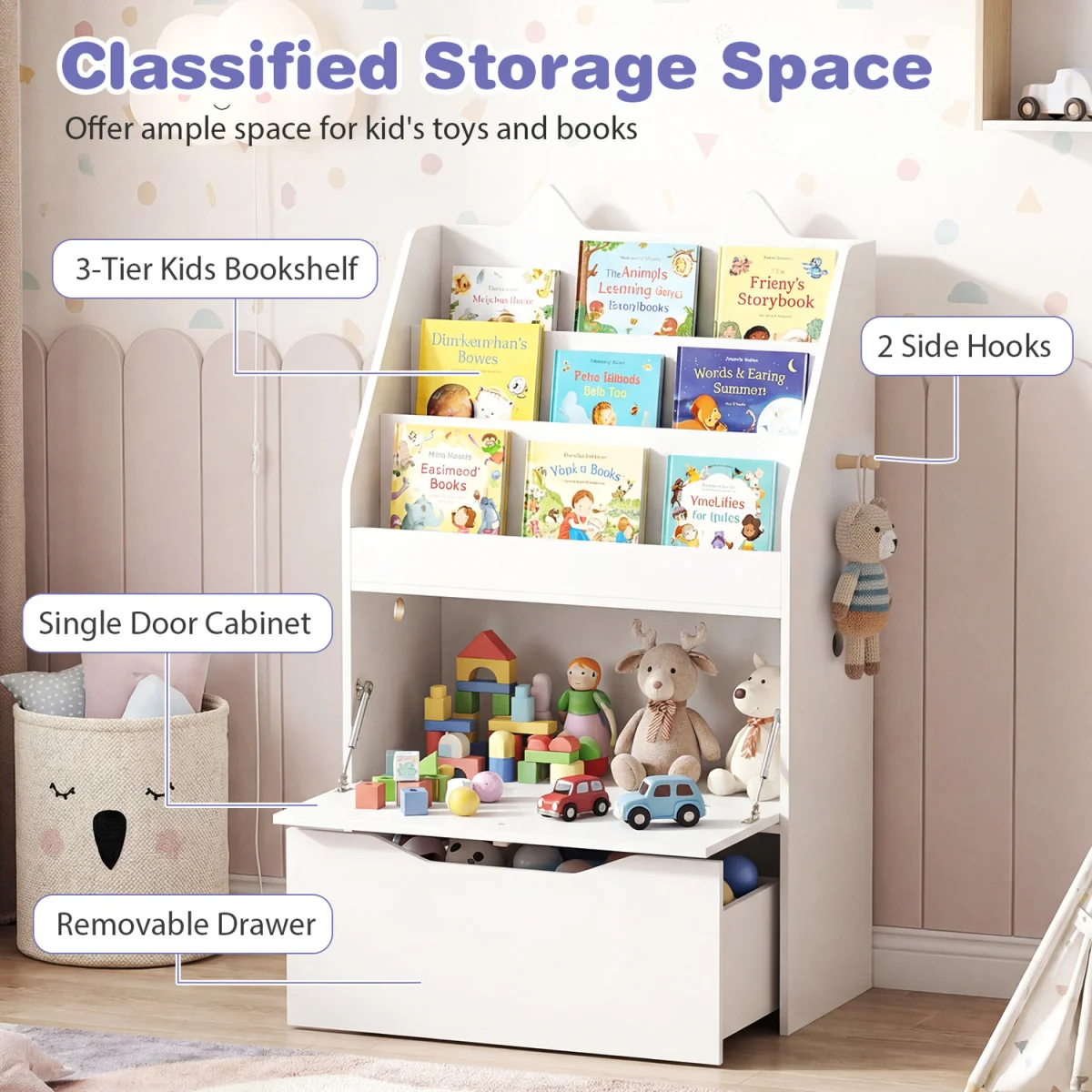 Toddler Book Rack with Movable Storage Drawer - White – image 8