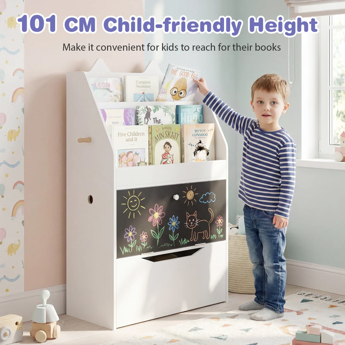 Toddler Book Rack with Movable Storage Drawer - White – image 10