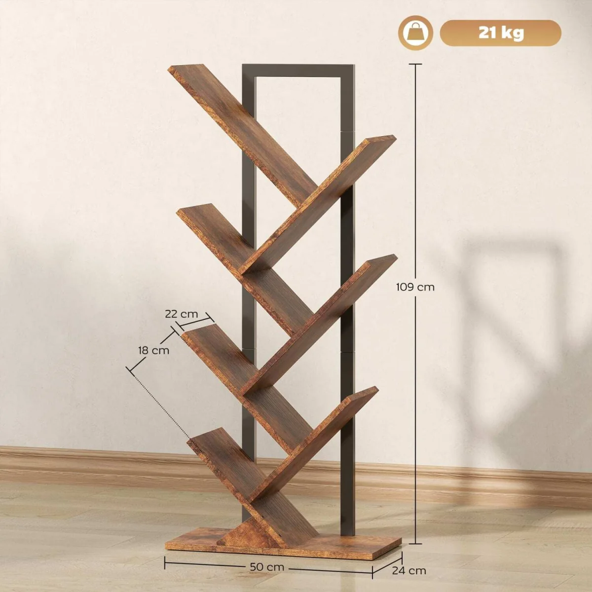 Modo Wood Effect 6-Section Tree Bookcase - Rustic Brown and Black – image 6
