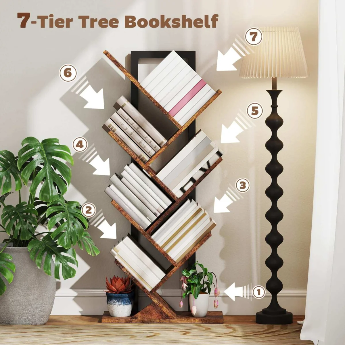 Modo Wood Effect 6-Section Tree Bookcase - Rustic Brown and Black – image 7