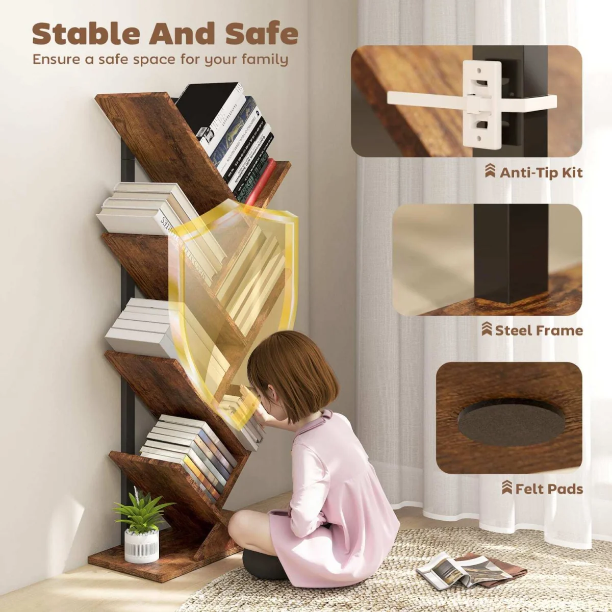 Modo Wood Effect 6-Section Tree Bookcase - Rustic Brown and Black – image 8