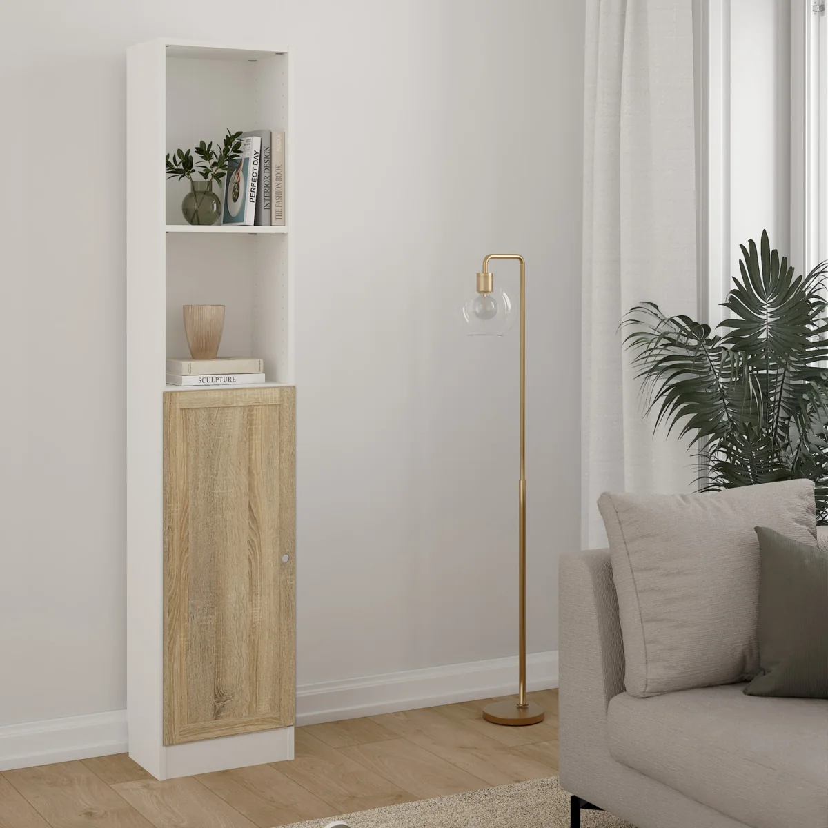 Basic Tall Narrow Combination Storage Bookcase (4 Shelves) with Glass Door - White with Oak Door – image 2