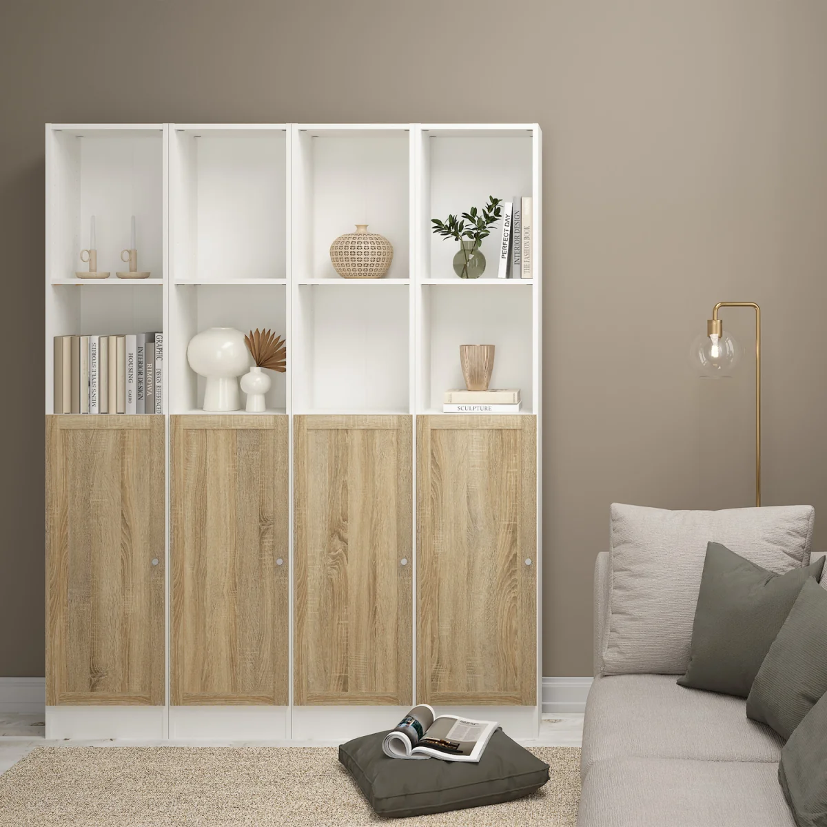 Basic Tall Narrow Combination Storage Bookcase (4 Shelves) with Glass Door - White with Oak Door – image 4