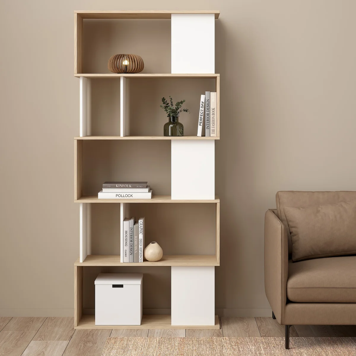 Maze Open Bookcase 4 Shelves in Jackson Hickory Oak and White - Jackson Hickory Oak & White – image 2