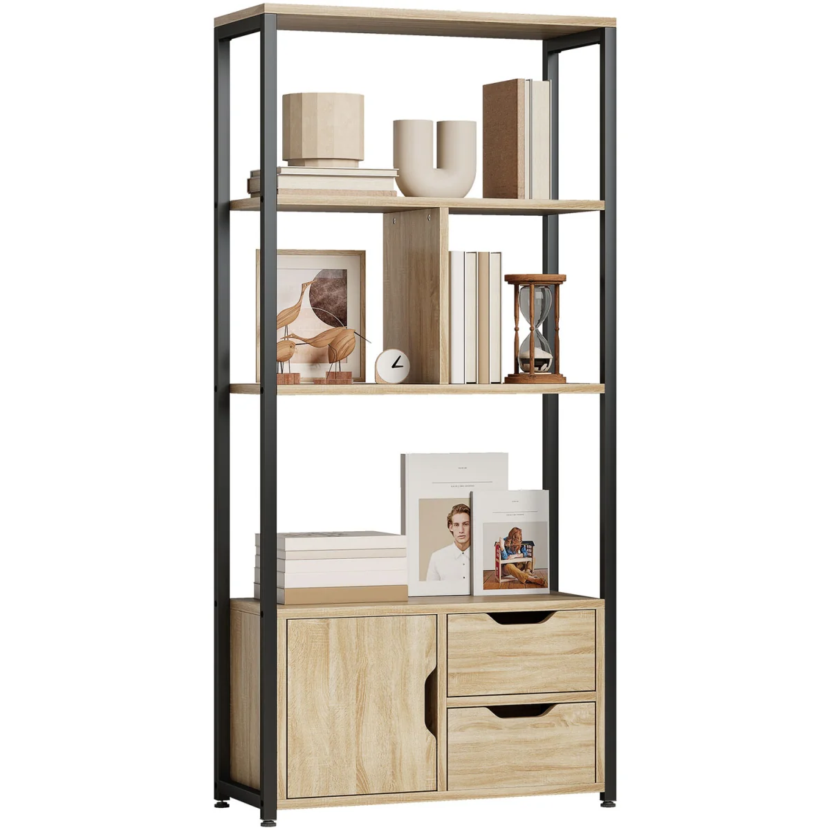 HOMCOM Industrial Bookshelf with 1 Cabinet and 2 Drawers - Natural wood finish – image 2
