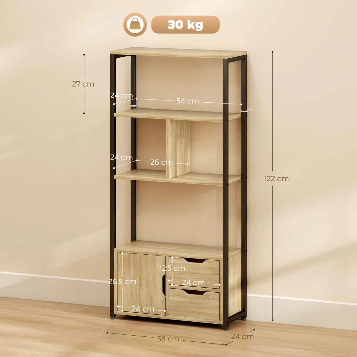 HOMCOM Industrial Bookshelf with 1 Cabinet and 2 Drawers - Natural wood finish – image 3