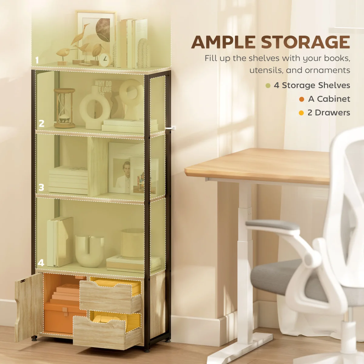 HOMCOM Industrial Bookshelf with 1 Cabinet and 2 Drawers - Natural wood finish – image 4