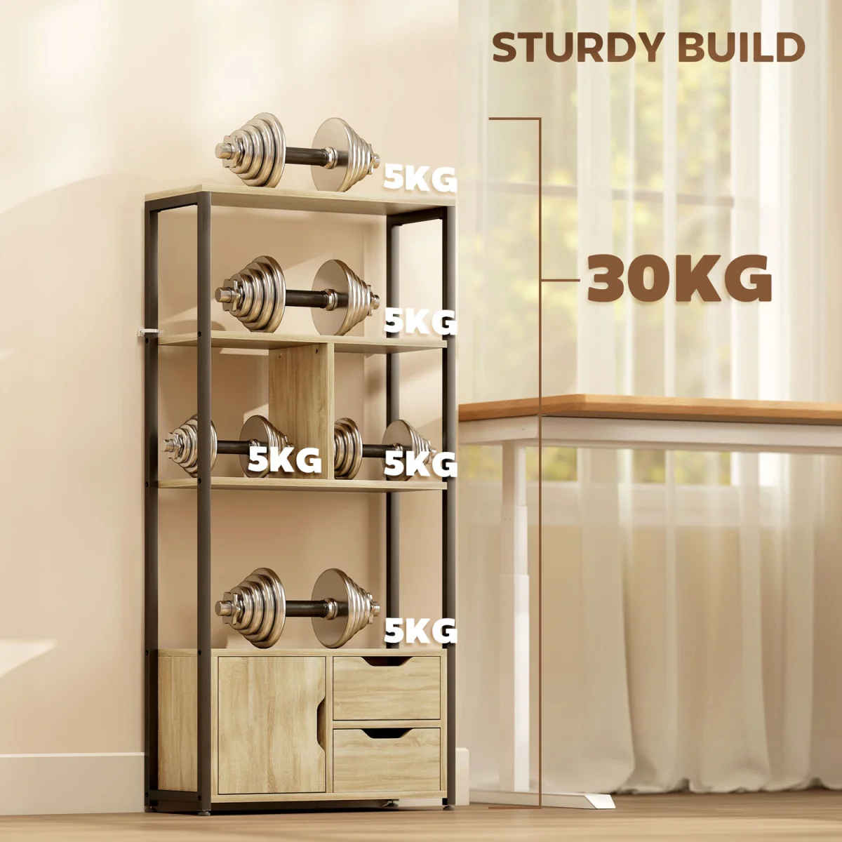 HOMCOM Industrial Bookshelf with 1 Cabinet and 2 Drawers - Natural wood finish – image 5