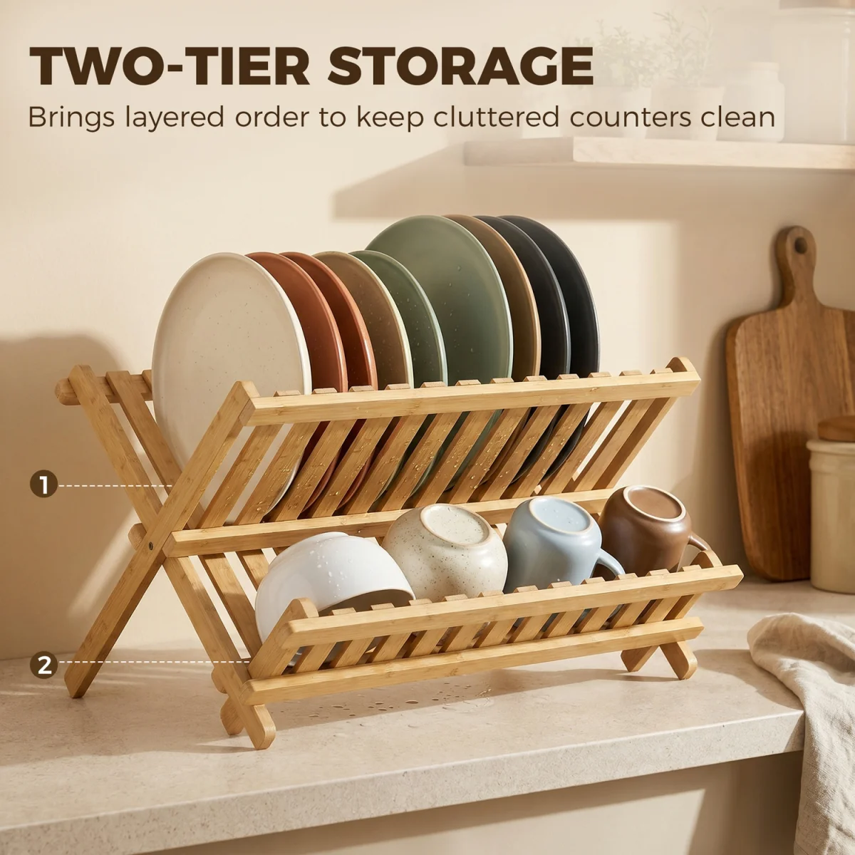 HOMCOM 2-Tier Kitchen Storage Unit with Slatted Draining Shelves - Natural wood finish – image 6