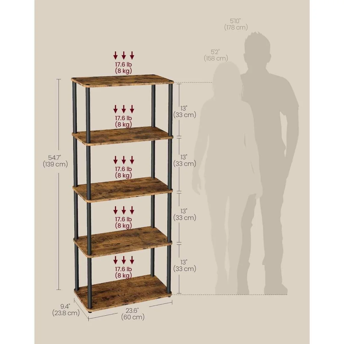 Wide 5 Tier Storage Shelf Tool Free, Brown & Black - Rustic Brown, Ink Black – image 2
