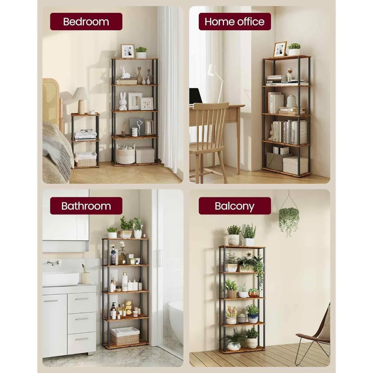 Wide 5 Tier Storage Shelf Tool Free, Brown & Black - Rustic Brown, Ink Black – image 4