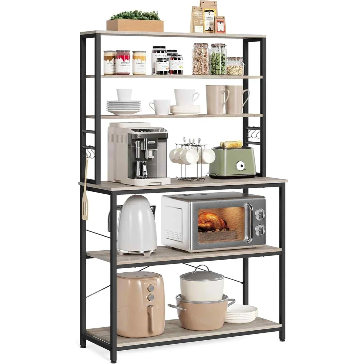 Kitchen Bakers Rack Coffee Bar 6 Shelves 6 Hooks, Greige & Black - Heather Greige and Ink Black – image 2