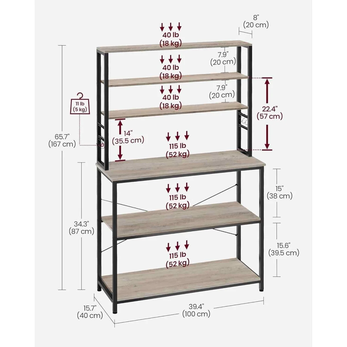 Kitchen Bakers Rack Coffee Bar 6 Shelves 6 Hooks, Greige & Black - Heather Greige and Ink Black – image 3