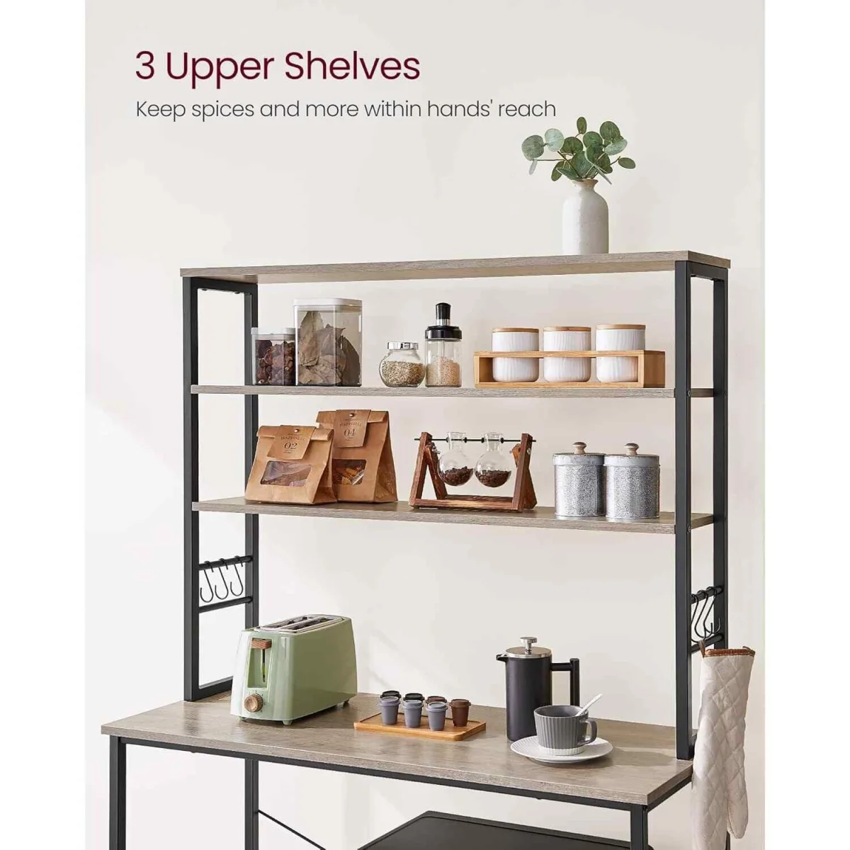 Kitchen Bakers Rack Coffee Bar 6 Shelves 6 Hooks, Greige & Black - Heather Greige and Ink Black – image 4
