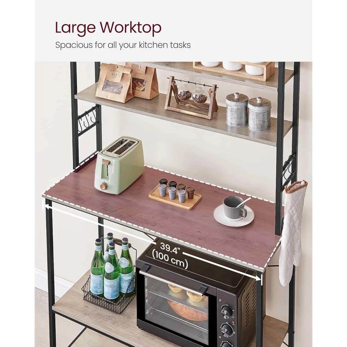 Kitchen Bakers Rack Coffee Bar 6 Shelves 6 Hooks, Greige & Black - Heather Greige and Ink Black – image 5