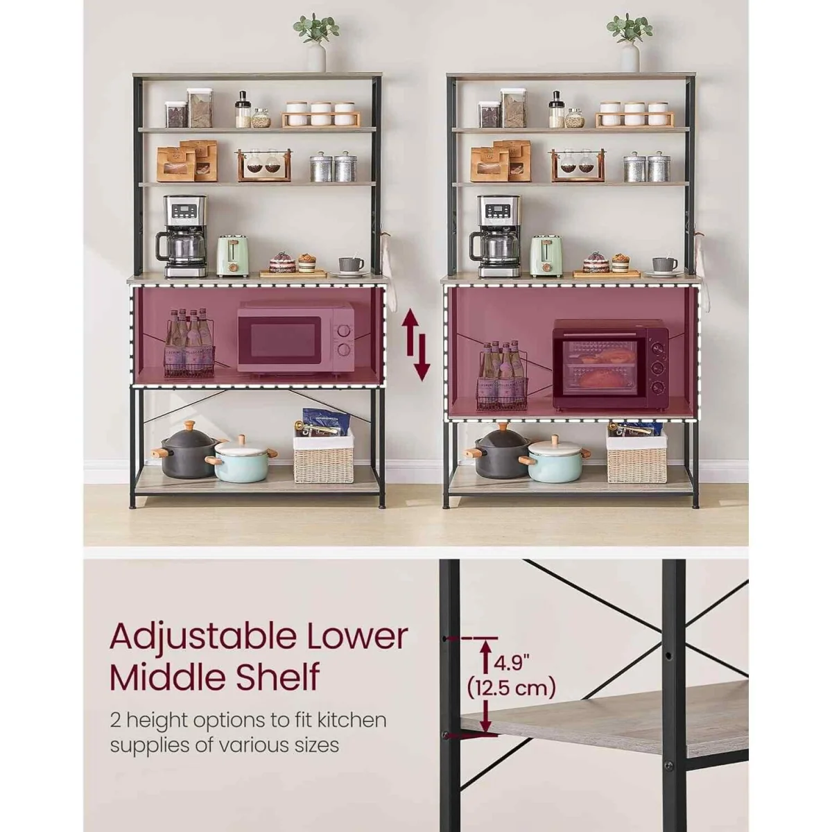 Kitchen Bakers Rack Coffee Bar 6 Shelves 6 Hooks, Greige & Black - Heather Greige and Ink Black – image 6