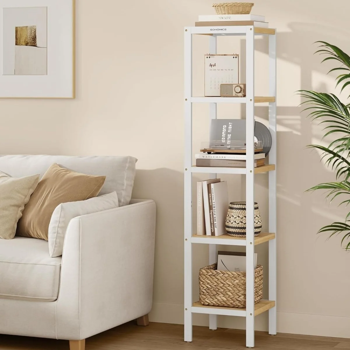 5 Tier Bamboo Corner Storage Shelf, White & Natural - Cloud White + Natural Beige – image 2