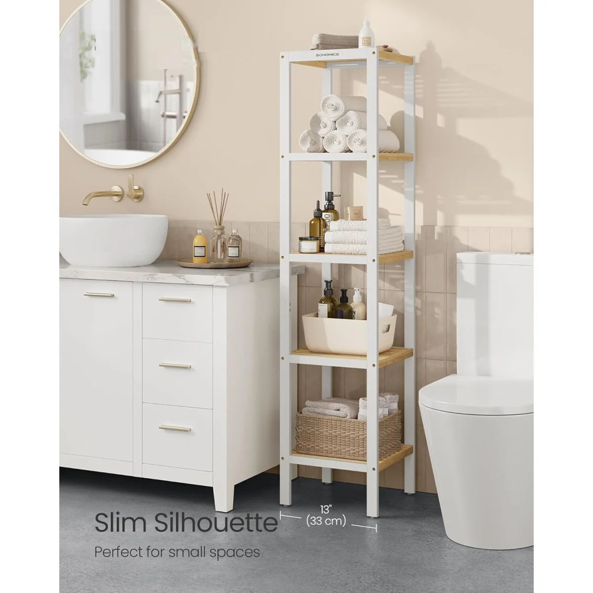 5 Tier Bamboo Corner Storage Shelf, White & Natural - Cloud White + Natural Beige – image 3