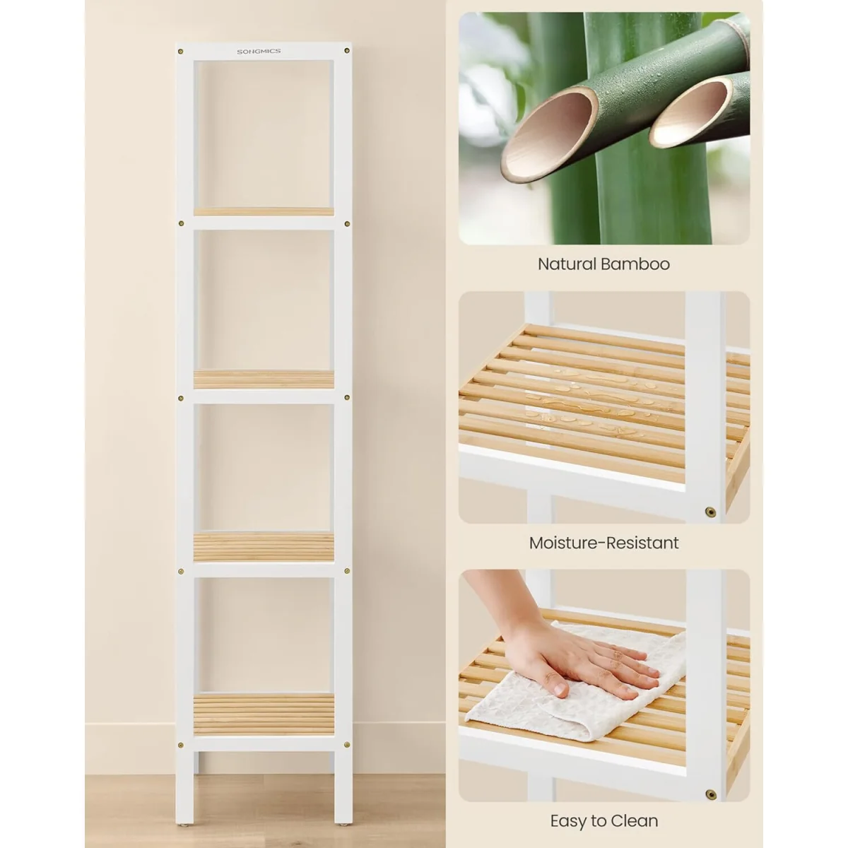 5 Tier Bamboo Corner Storage Shelf, White & Natural - Cloud White + Natural Beige – image 6