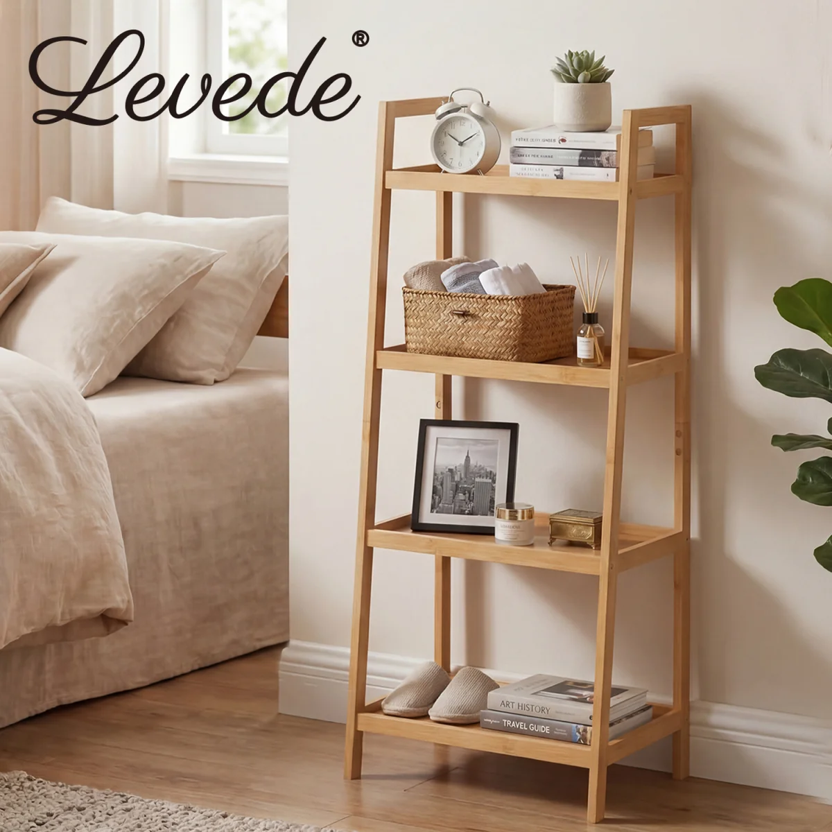 Bathroom Storage Shelves 4 Tier Rack Corner Bathroom Kitchen Bamboo - Natural – image 3