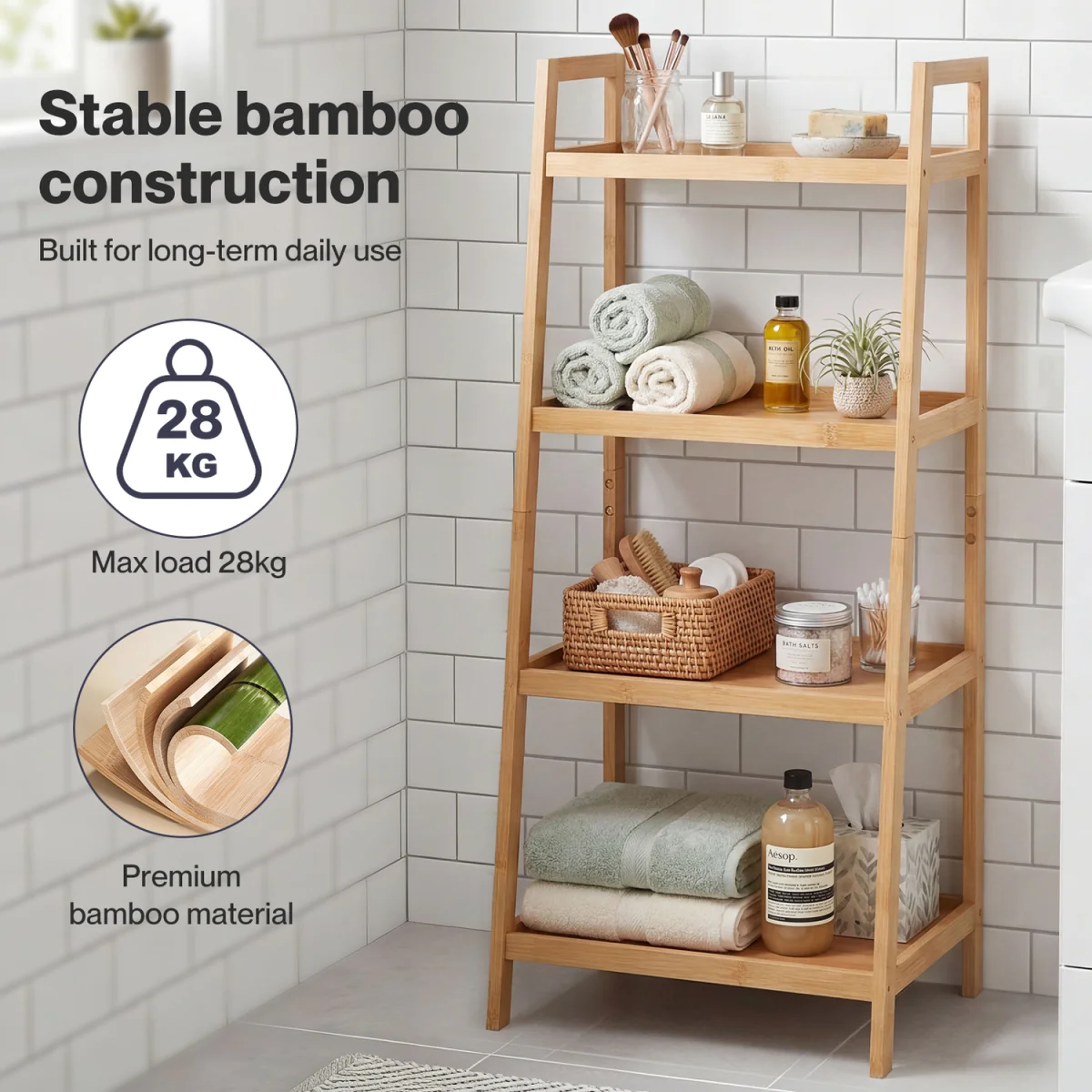 Bathroom Storage Shelves 4 Tier Rack Corner Bathroom Kitchen Bamboo - Natural – image 8
