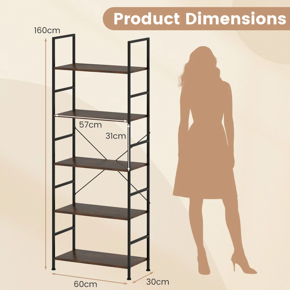 160 cm Tall Bookshelf with Industrial Shelves and Metal Frame - Brown – image 2