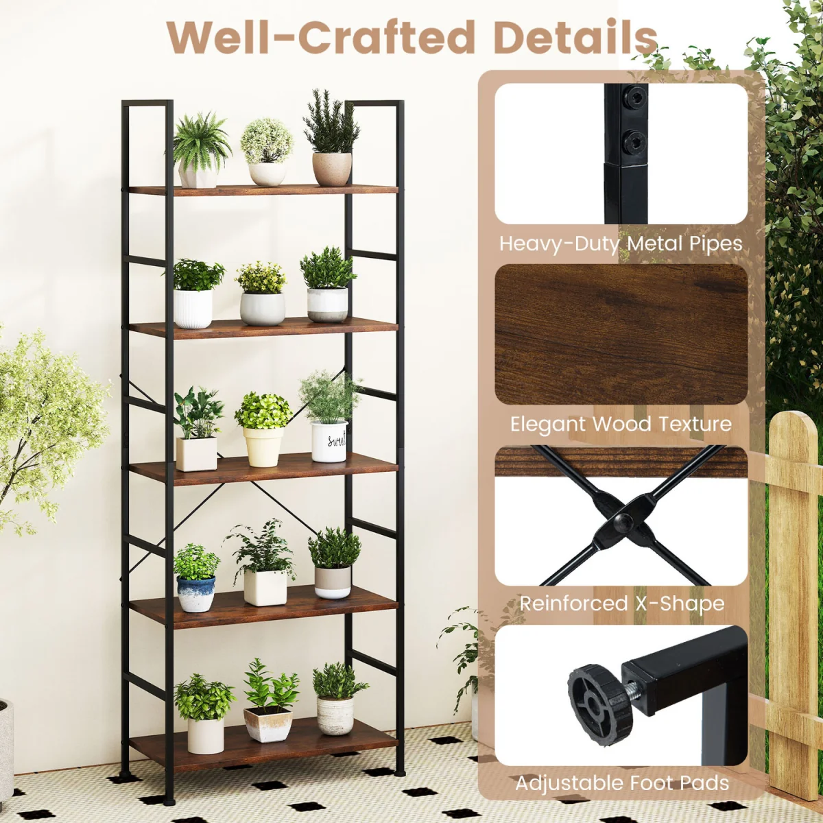 160 cm Tall Bookshelf with Industrial Shelves and Metal Frame - Brown – image 3