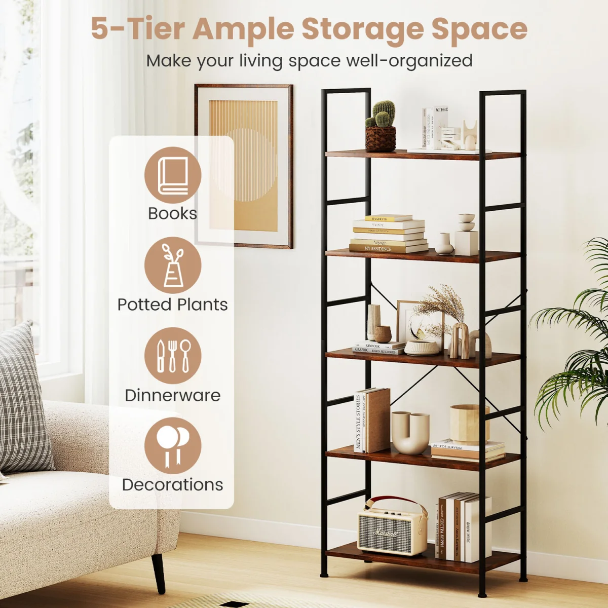 160 cm Tall Bookshelf with Industrial Shelves and Metal Frame - Brown – image 4