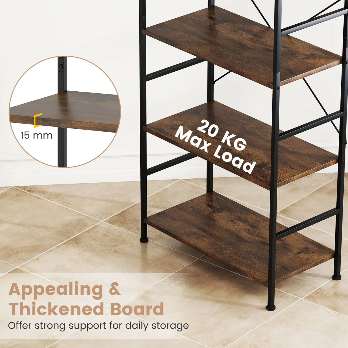 160 cm Tall Bookshelf with Industrial Shelves and Metal Frame - Brown – image 5