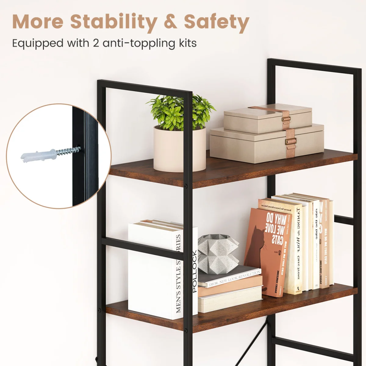 160 cm Tall Bookshelf with Industrial Shelves and Metal Frame - Brown – image 6