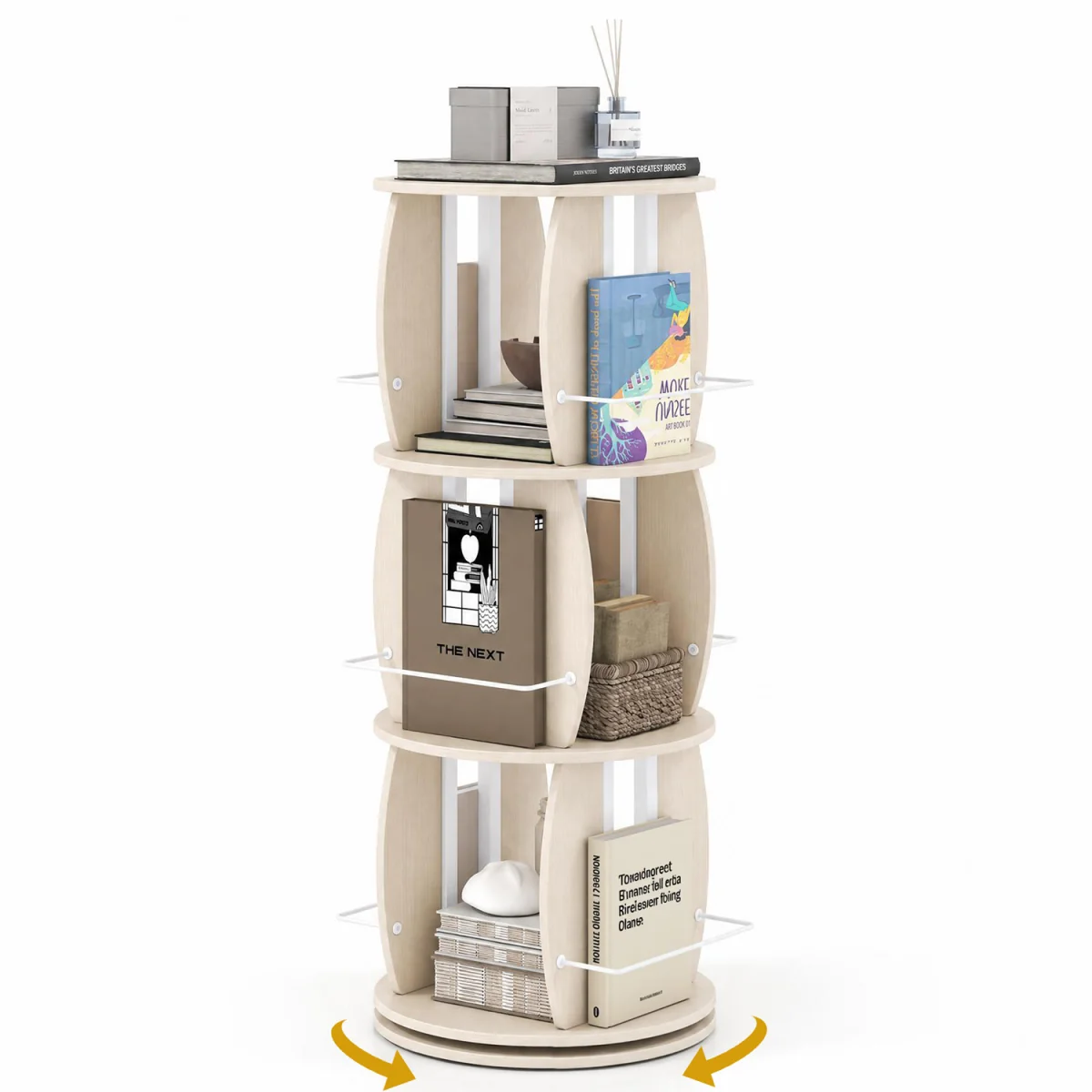 3 Tier Rotating Bookshelf Tower with Side Rails - oak – image 2