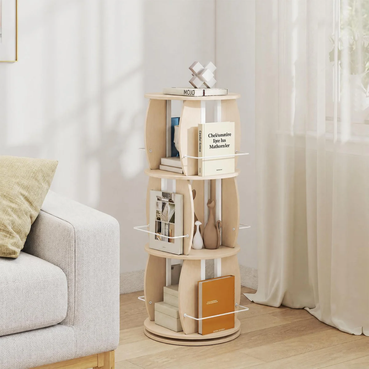 3 Tier Rotating Bookshelf Tower with Side Rails - oak – image 4