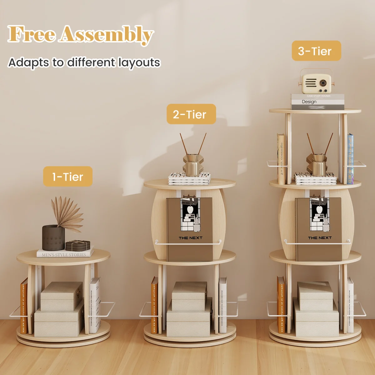 3 Tier Rotating Bookshelf Tower with Side Rails - oak – image 5