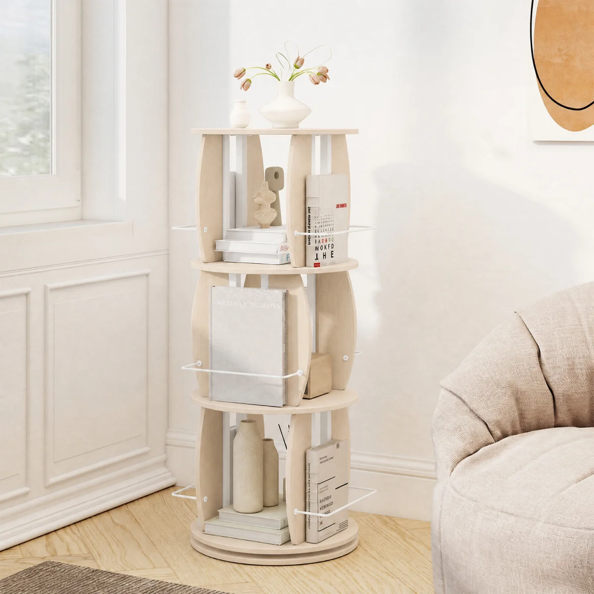 3 Tier Rotating Bookshelf Tower with Side Rails - oak – image 1