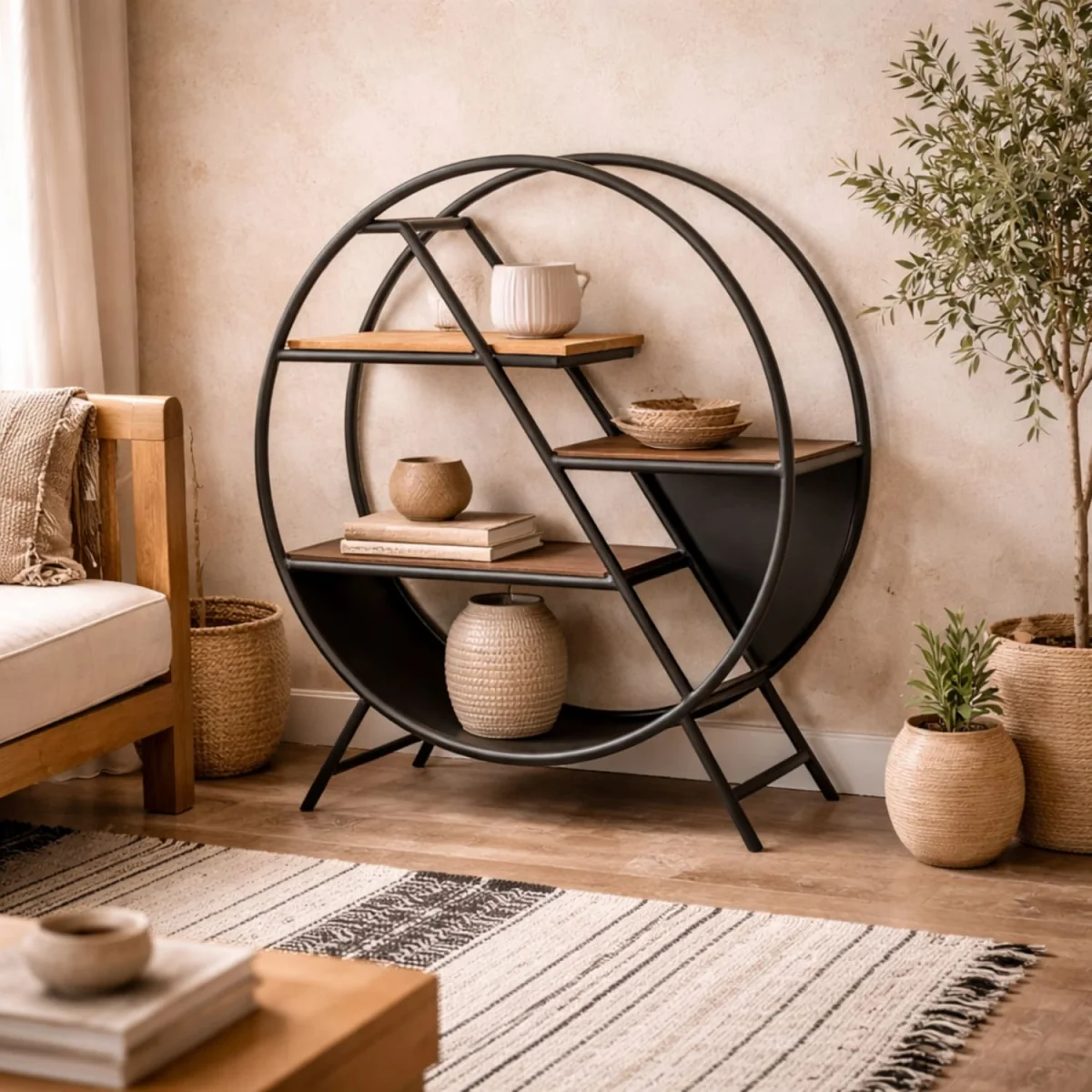 Toivakka Industrial Round Bookcase 3 Shelves Reclaimed Wood - Brown – image 1