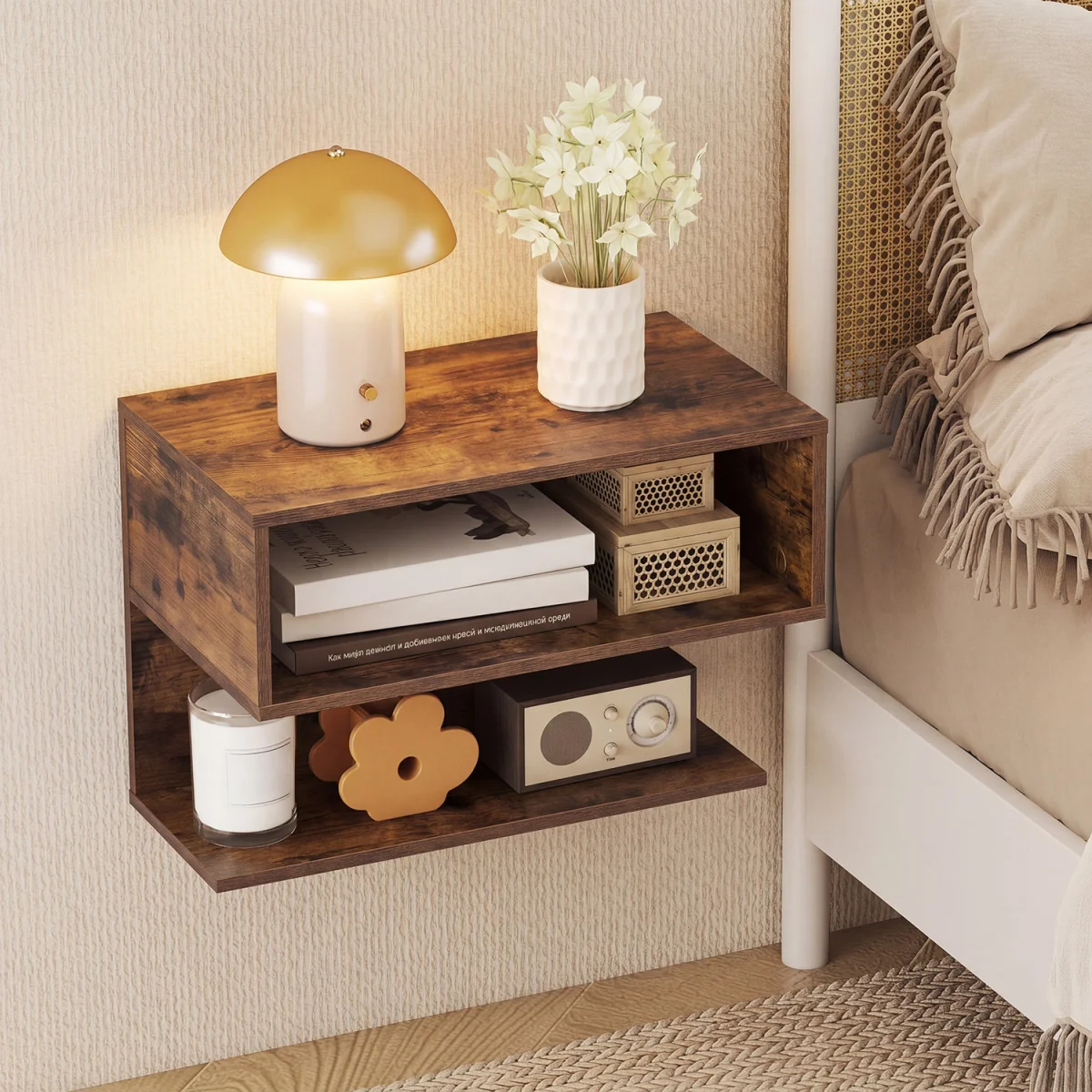Wall Mounted Floating Nightstand with Storage Shelves-Brown - Brown – image 4