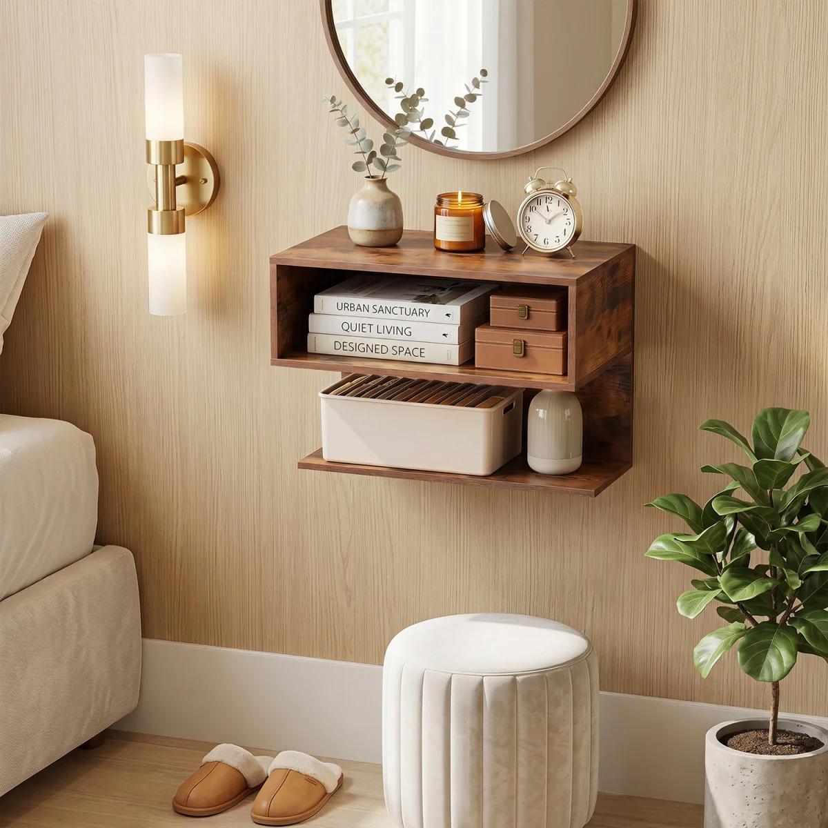 Wall Mounted Floating Nightstand with Storage Shelves-Brown - Brown – image 9