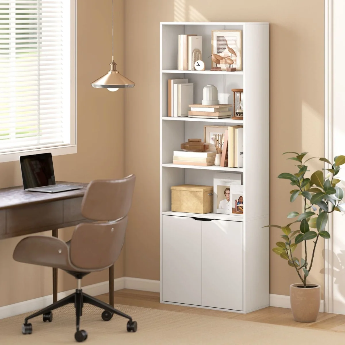 Ziratto Wood White 6-Tier Tall Bookcase With Double-Door Storage 59 x 29 x 180 cm – image 3