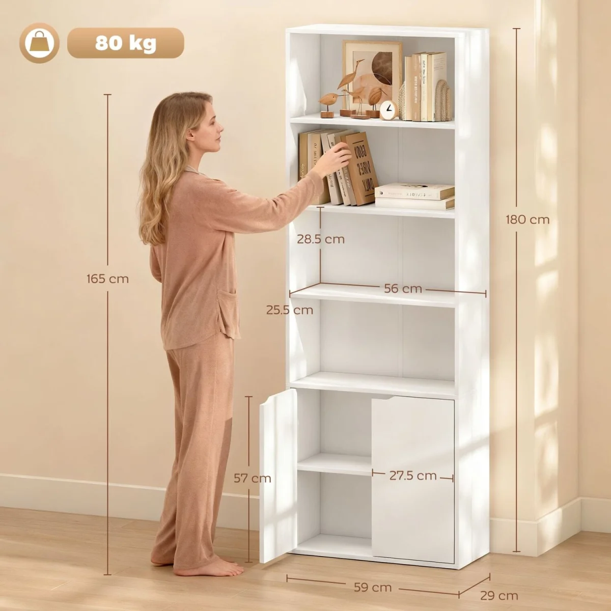 Ziratto Wood White 6-Tier Tall Bookcase With Double-Door Storage 59 x 29 x 180 cm – image 4