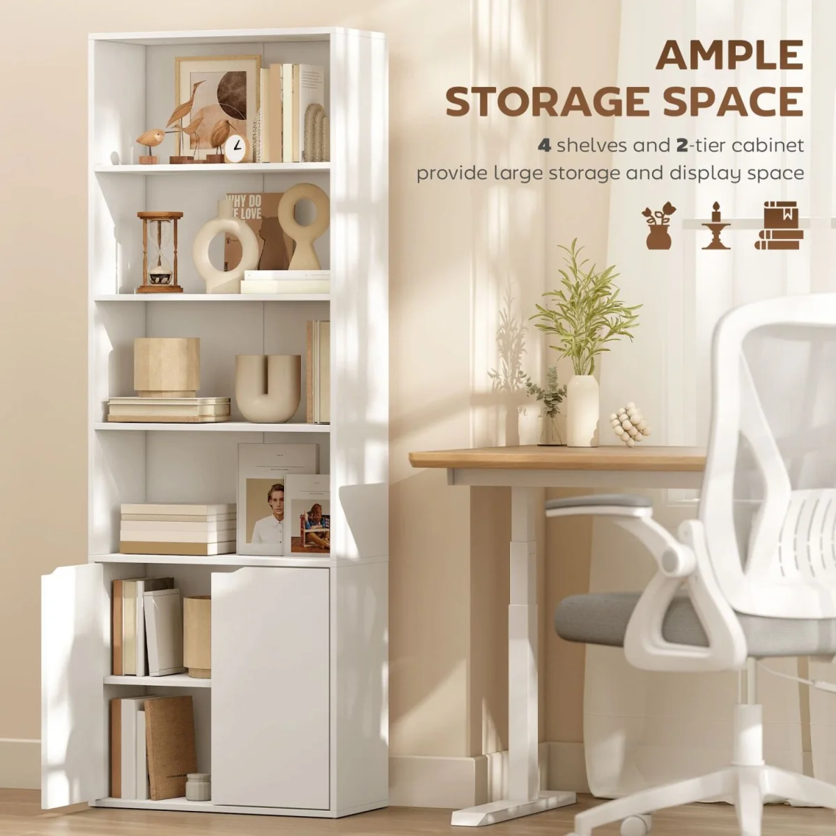 Ziratto Wood White 6-Tier Tall Bookcase With Double-Door Storage 59 x 29 x 180 cm – image 5