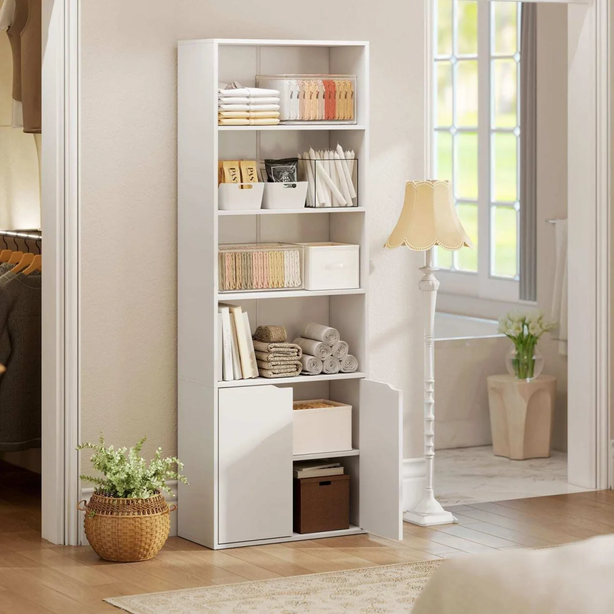 Ziratto Wood White 6-Tier Tall Bookcase With Double-Door Storage 59 x 29 x 180 cm – image 10