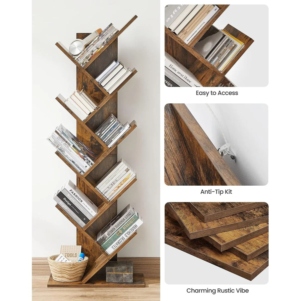 8-Tier Tree-Style Bookshelf Floor Standing Display Unit for Modern Living Spaces - Rustic Brown – image 3