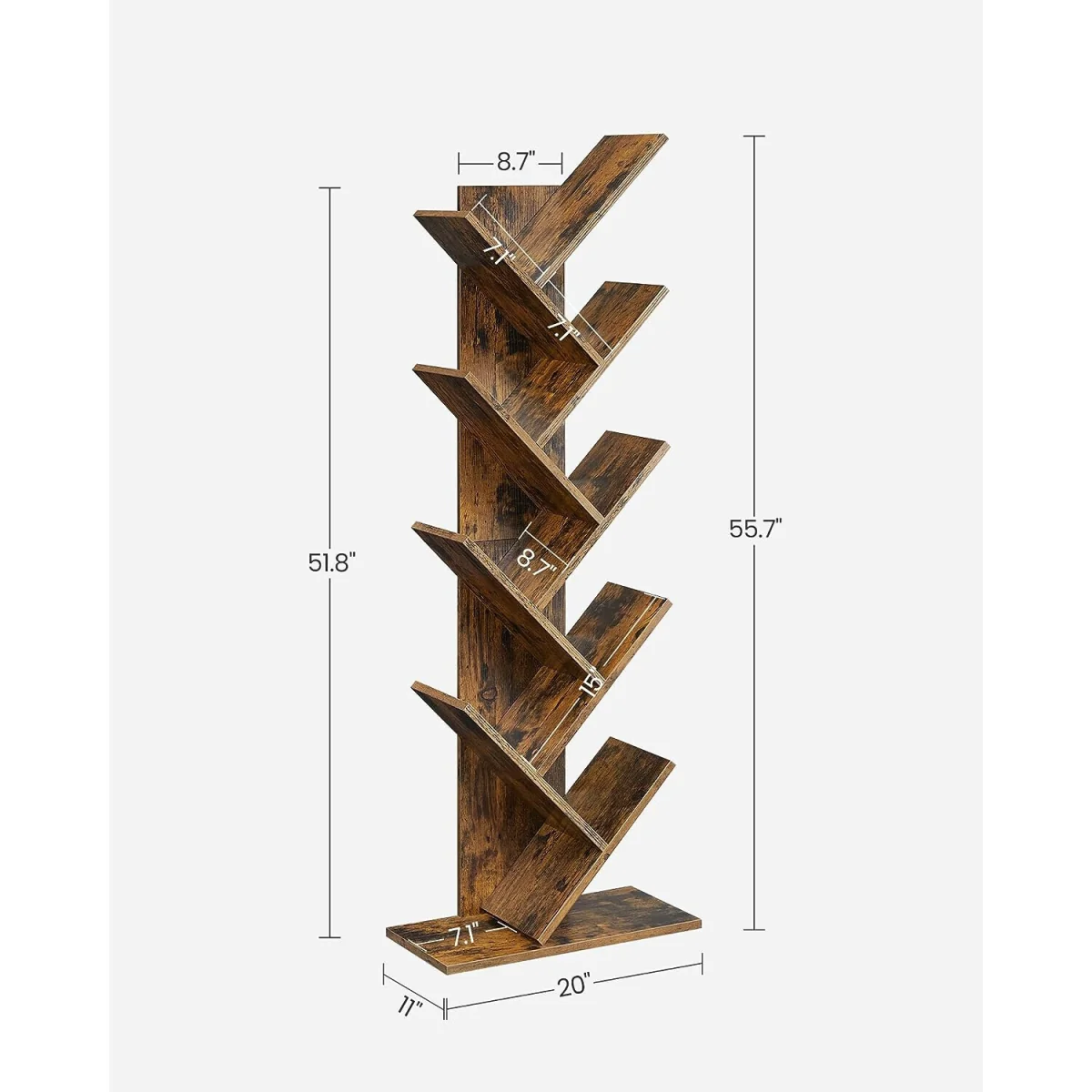8-Tier Tree-Style Bookshelf Floor Standing Display Unit for Modern Living Spaces - Rustic Brown – image 4