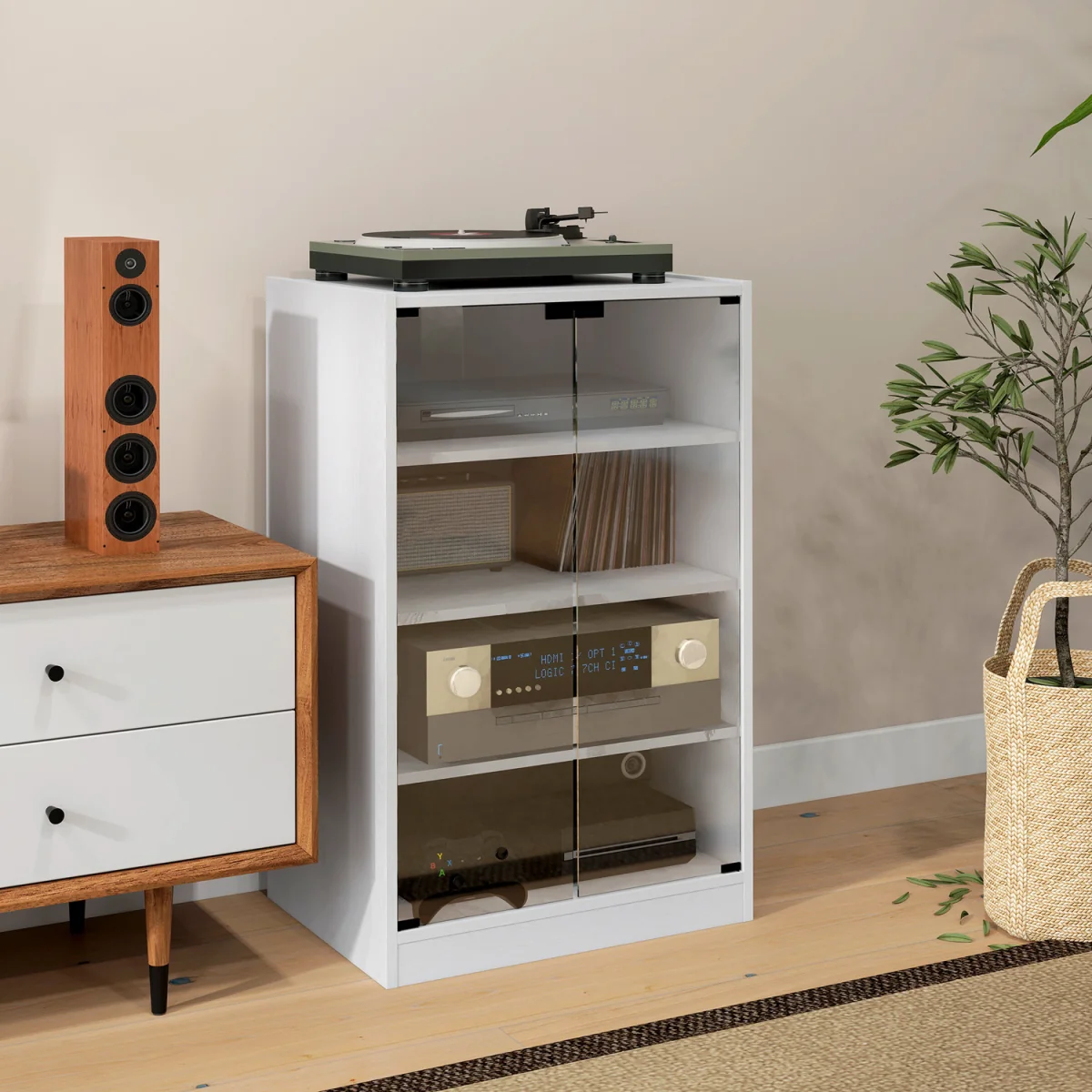 HOMCOM 4-Tier Hi-Fi Stand with Adjustable Shelves - White Wood-Effect – image 3