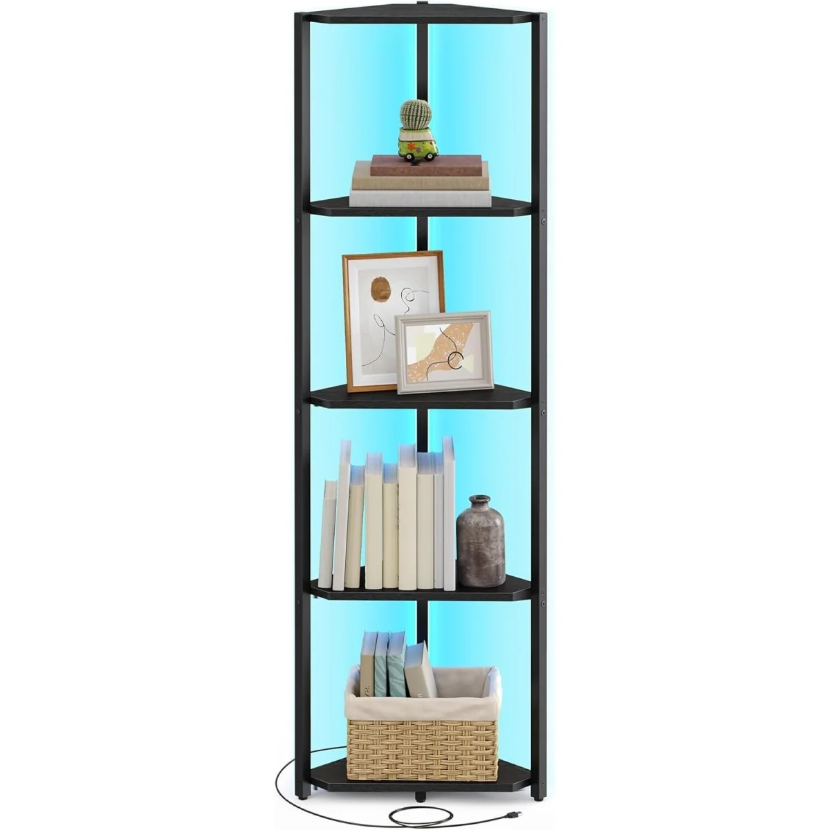Corner Bookshelf with 5 Tiers and LED Lighting, Decorative Display Storage Unit - Ebony Black – image 2