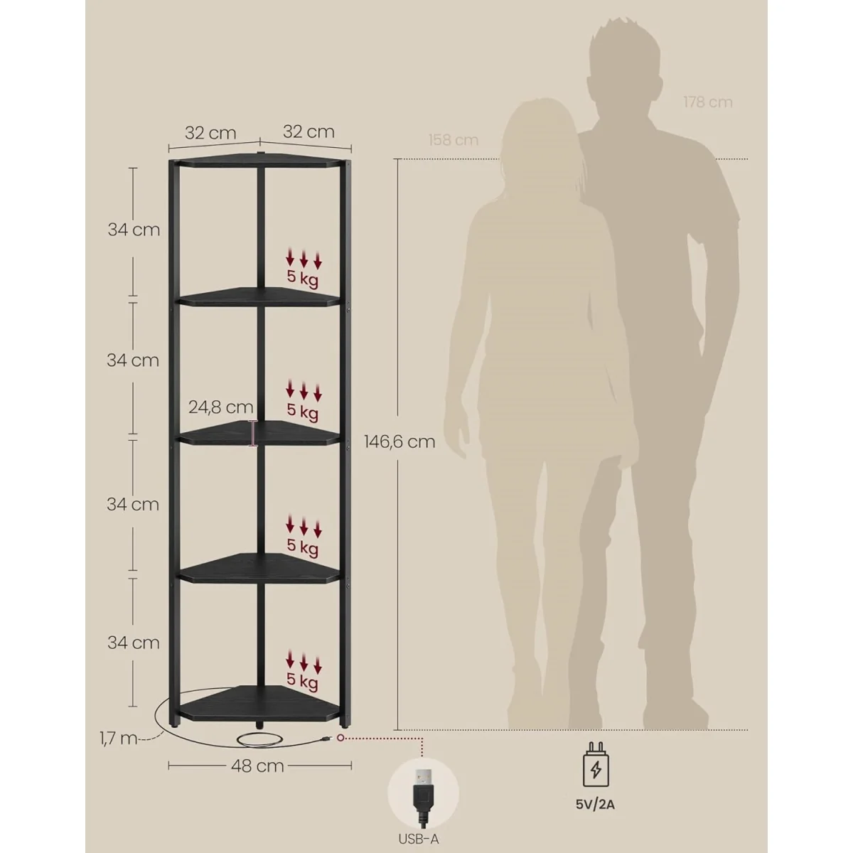Corner Bookshelf with 5 Tiers and LED Lighting, Decorative Display Storage Unit - Ebony Black – image 3