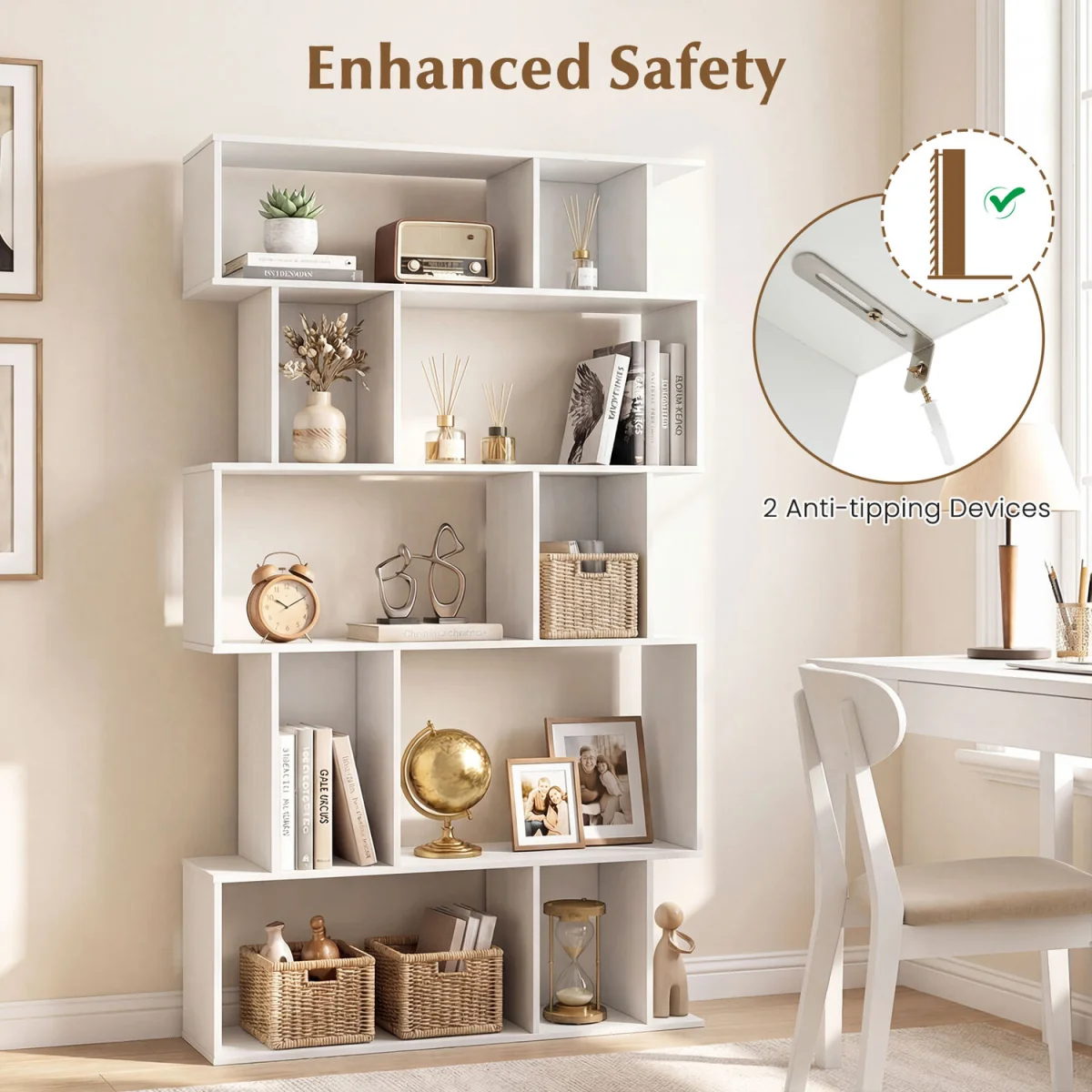 5 Tier S shaped Bookcase - White – image 4