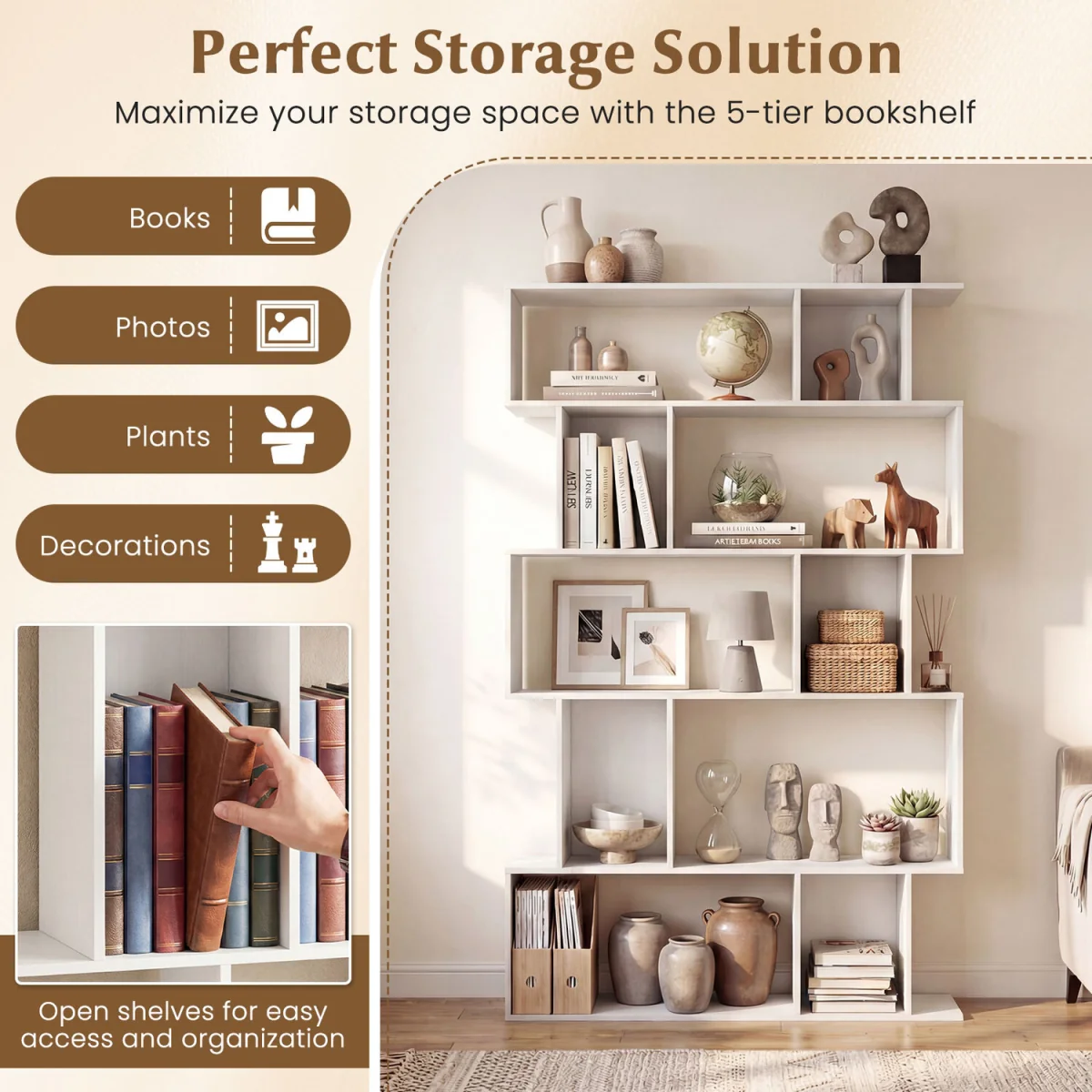 5 Tier S shaped Bookcase - White – image 6