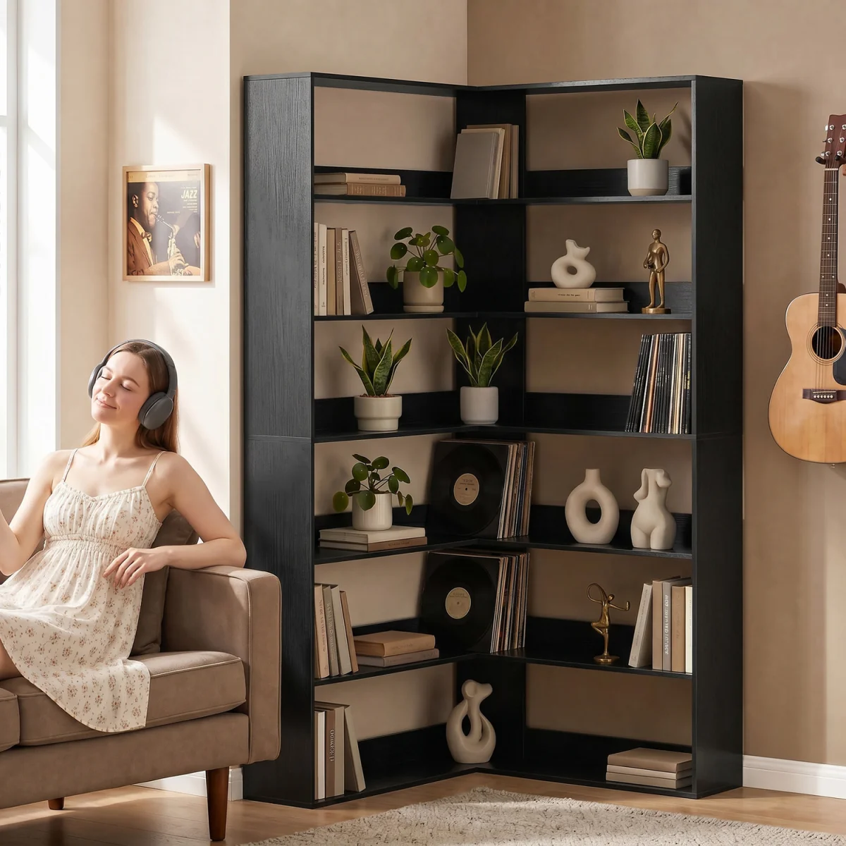 HOMCOM 7 Tiers Corner Bookshelf L Shaped - Black Wood Effect – image 2