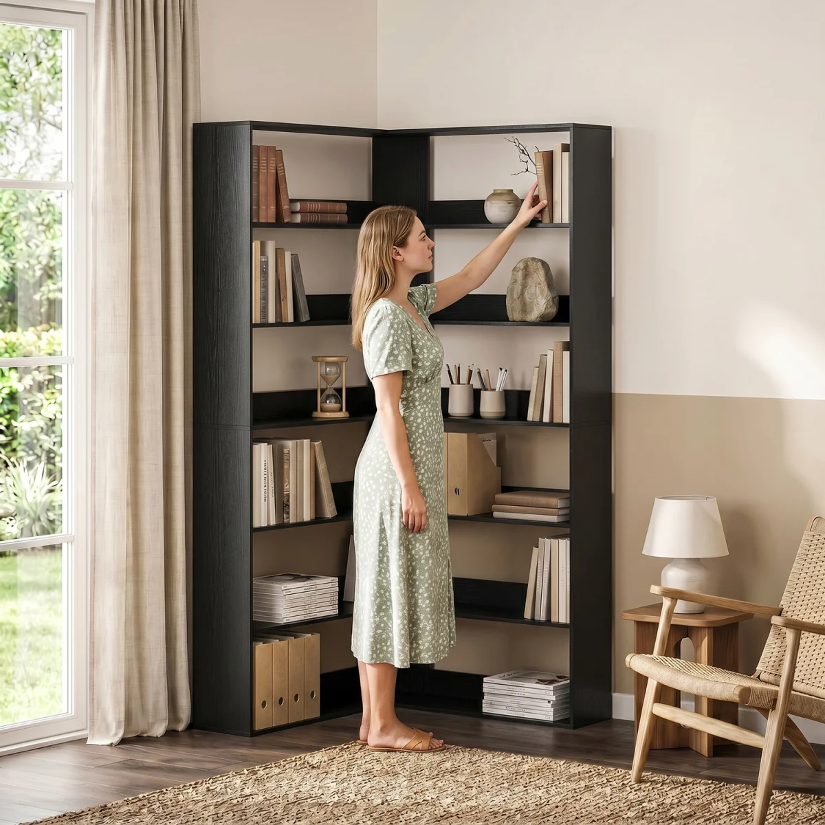 HOMCOM 7 Tiers Corner Bookshelf L Shaped - Black Wood Effect – image 3